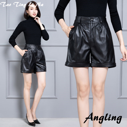 

2020 Women New Real Genuine Sheep Leather Shorts KS57, Black