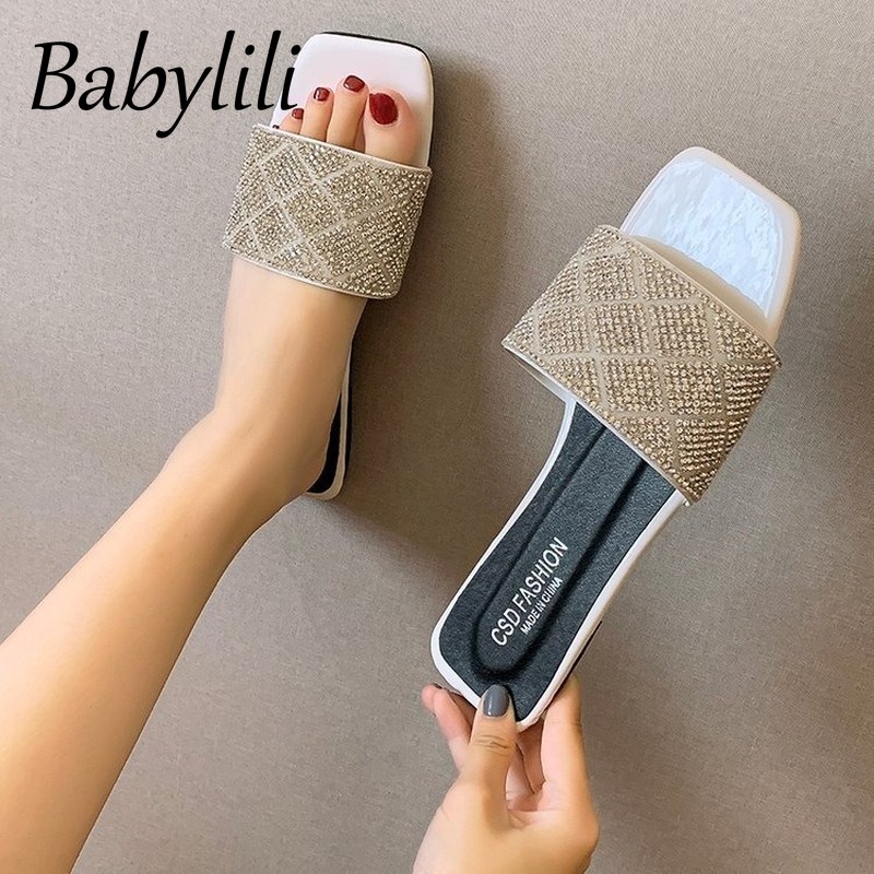 

Rhinestone Slippers 2020 New Women Bling Slippers Flat Shoes for Ladies Outdoor Beach Female Slides Non-slip Durable Big Size, Black