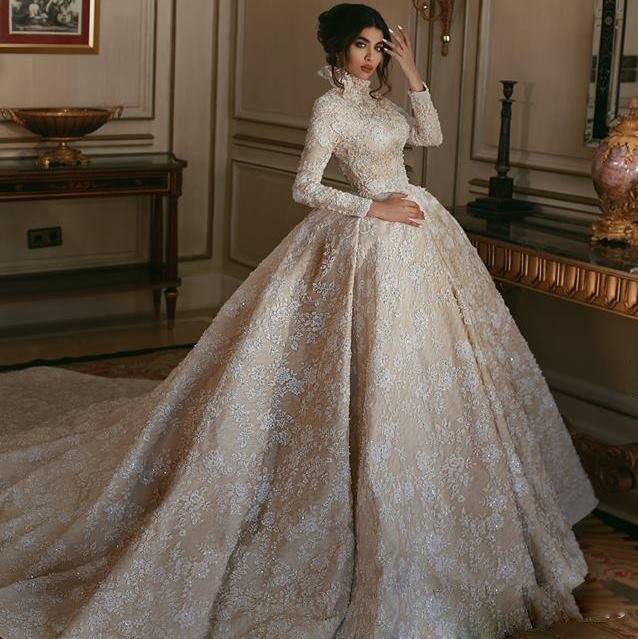 

Elegant Ball Gown Wedding Dresses Long Sleeves Rhinestone Sequins Appliques Satin Bride Gowns High Collar Sweep Train Vestidos De Novia, More appliqued