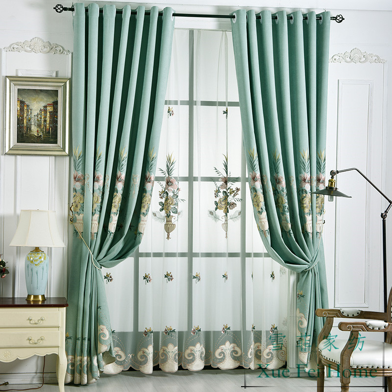 

Simple Modern American Blue-green Small Fresh Embroidery Curtains for Living Dining Room Bedroom, Tulle