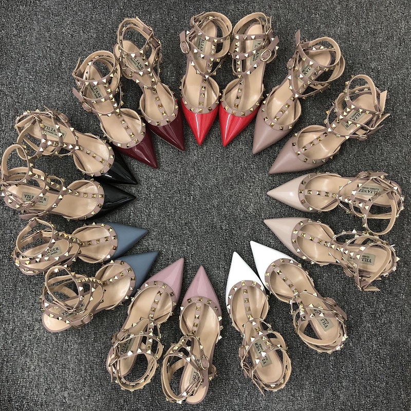 

Casual Designer Sexy lady fashion women shoes Black leather studded spikes point toe high heel wedding shoes brand new 6.5cm, Nude matt
