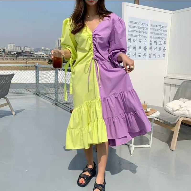 

EWQ] 2020 New Summer Women Puff Sleeve Ruffles Dresses Vintage Loose High Waist Thin Elegant Folds Splice Hit Color Maxi Dress, Blue