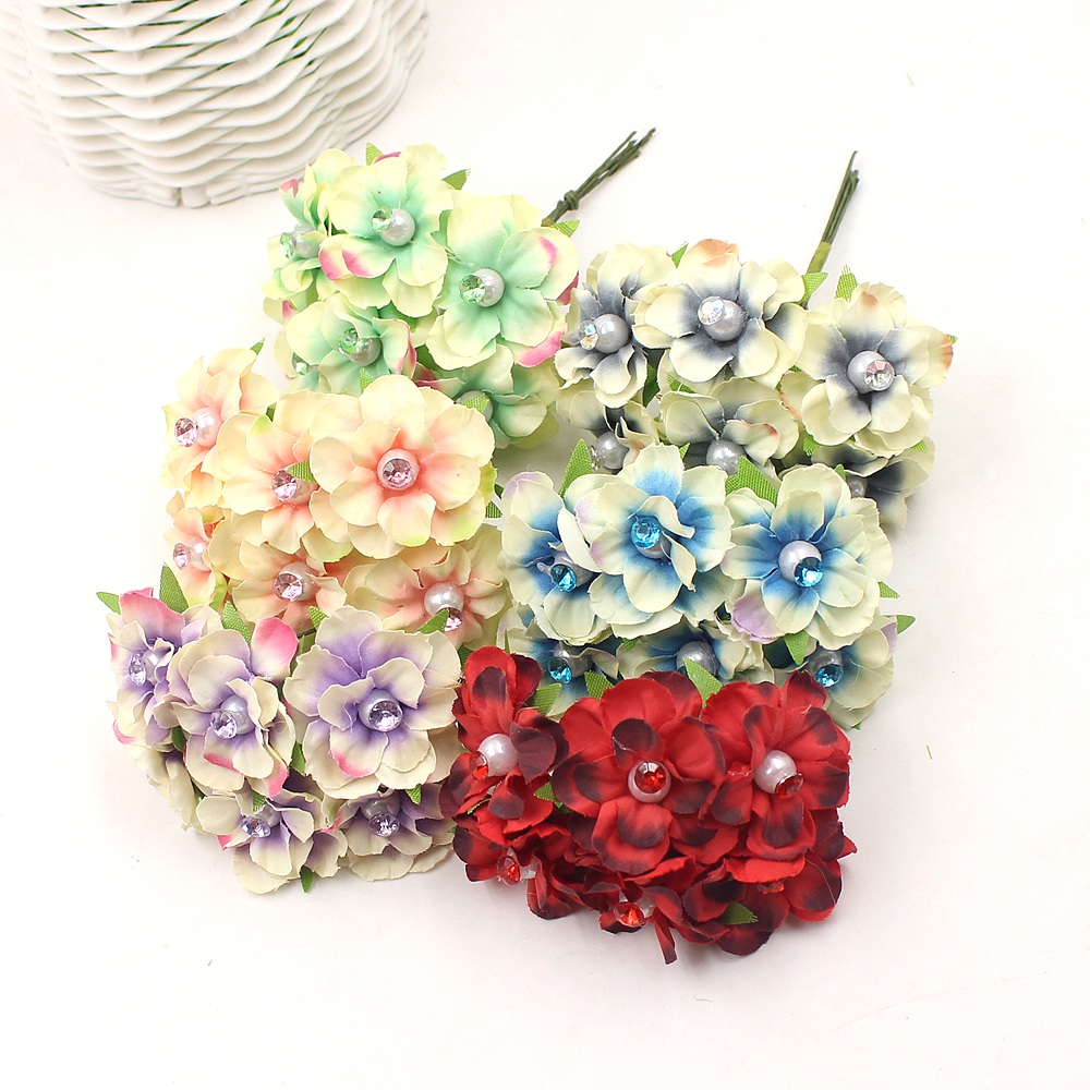 

6pcs with Pearl diamond Plum Artificial Flowers For Wedding Decoration Wreath Cloth Apparel Sewing Needlework DIY Craft Plants, Light green