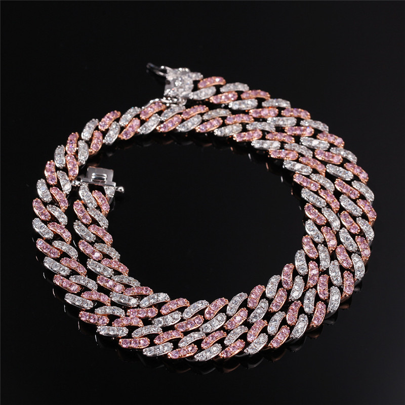 

8mm Iced Out Women Choker Necklace Silver /Rose Gold Cuban Link With White & Pink Cubic Zirconia Chain Jewelry Bracelet