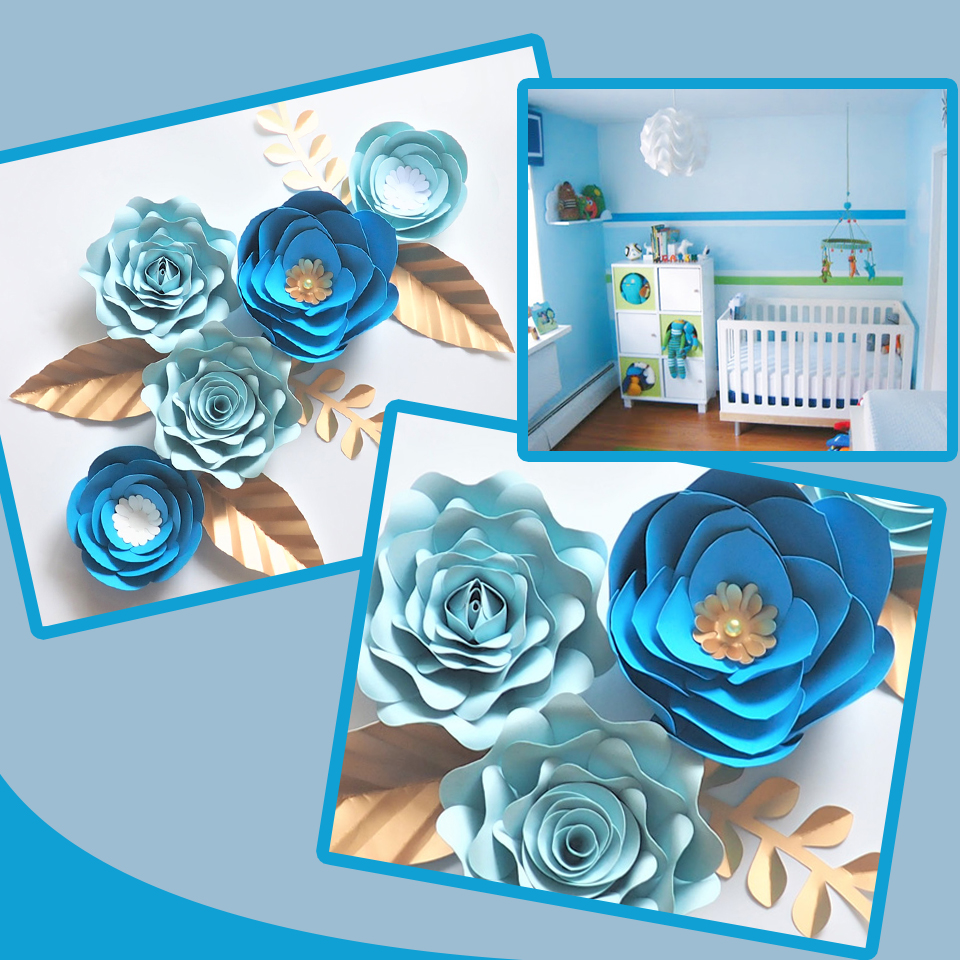 

Handmade Blue Rose DIY Paper Flowers Gold Leaves Set For Nursery Wall Deco Boys Room Baby Shower Backdrop Video Tutorials