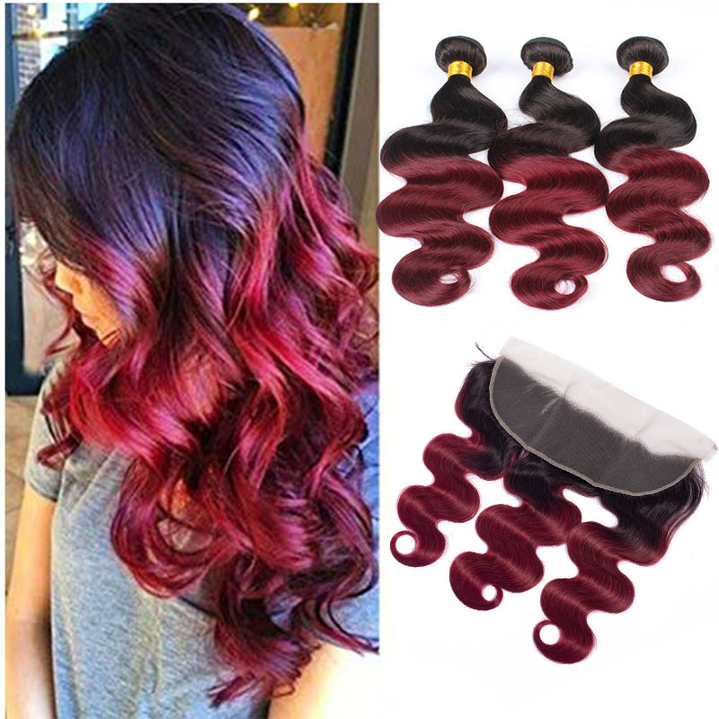 

Brazilian Human Hair 1B 99J Body Wave 3 Bundles With 13X4 Lace Frontal Ear To Ear 1B/99J Body Wave Hair Extensions With Frontal 12-24inch, 1b/burgundy