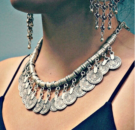 

2015 Bohemian Ethnic Antalya Yonca tassel necklace Silver Turkish Gypsy Boho Coachella Beach Choker Bib Coin Necklace for Women