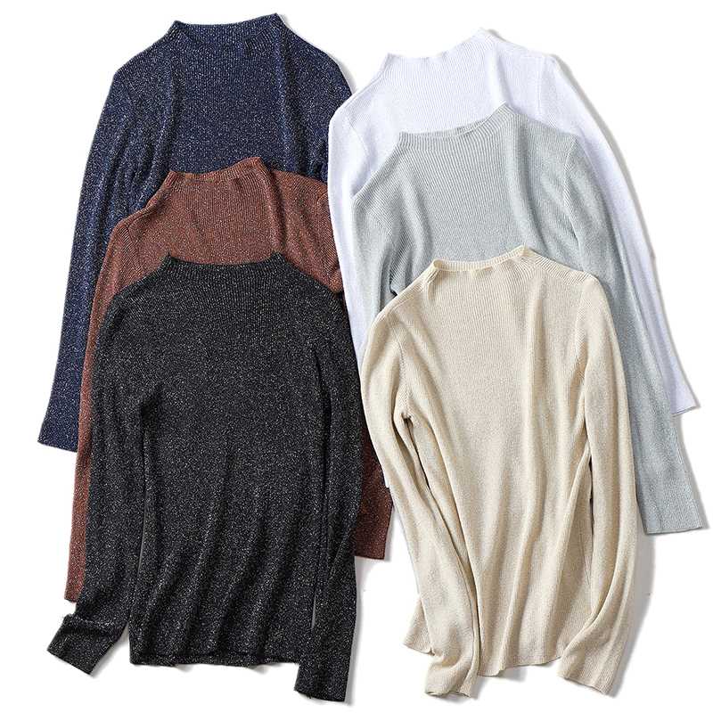 

Shiny Lurex Autumn Winter Sweater Women Long Sleeve Pullover Women Tops Basic 2020 Winter Slim Knit Turtleneck Sweater Pull, Beige