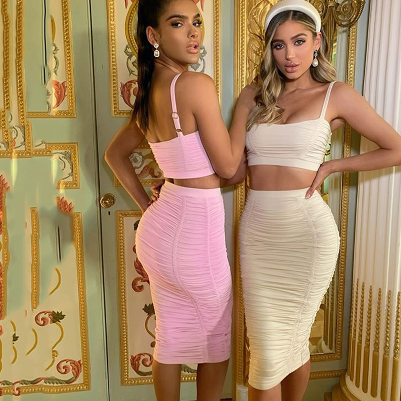 

Townlike 2020 khaki Pleated Backless Party Two Piece Set Crop Top And Midi Skirts Summer Set Sexy 2 Piece Women Outfits