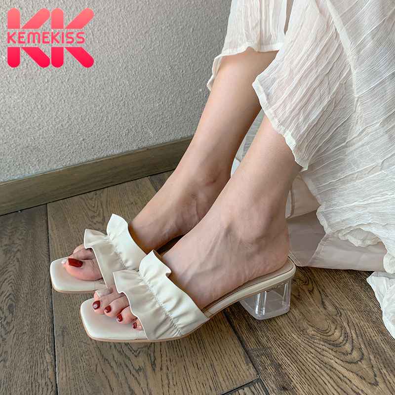 

KemeKiss Women Shoes Sandals Open Toe Slip On Shoes Ruffle Crystal Clear Heel Slip On Female Footwear Summer Size 33-40, Beige