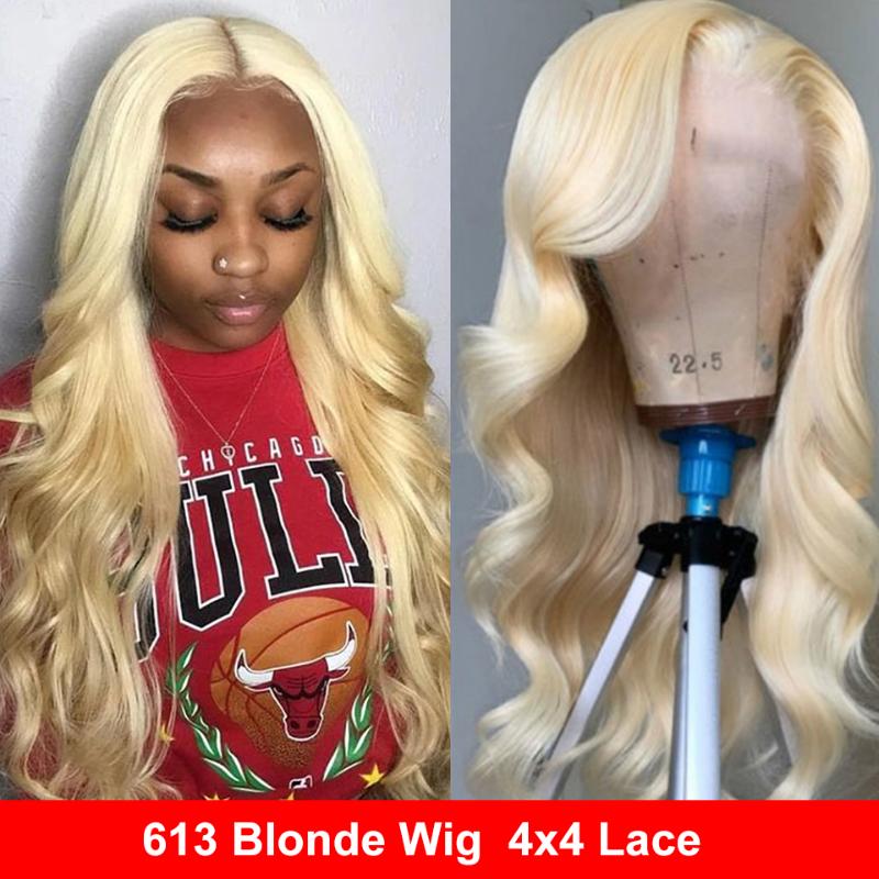 

613 Wig Blonde Human Hair Wig Body Wave 4x4 Lace Closure for Women Maxine Remy 150% 4x4 Blonde Lace Front, Black 150density