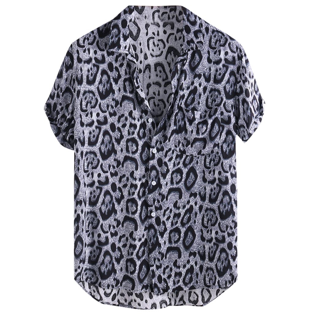 

MUQGEW Male Shirts Button Mens Leopard Printed Chest Pocket Turn Down Collar Short Sleeve Casual Loose Shirt Camisa Masculina#y3, Black