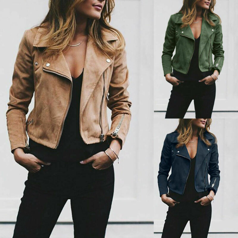 

2020 Women Autumn Winter Suede Faux Leather Jackets Lady Fashion Matte Motorcycle Coat Biker Brown Zipper Outerwear, Blue