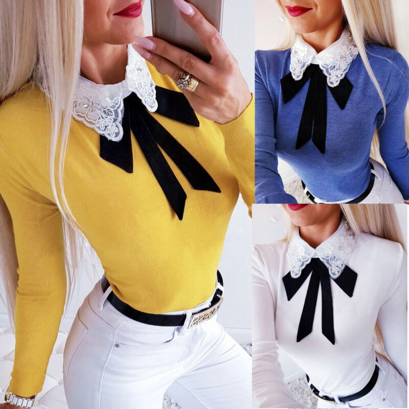 

Women Slim Lace Bow Tie Neck Long Sleeve Yoga Shirt Tops Female Knitted Solid Skinny Tops, Blue