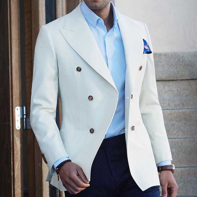 

White Double Breasted Suits for Men 2 Piece Slim fit Wedding Tuxedos Male Suit Set Jacket with Black Pants Fashion Costumes