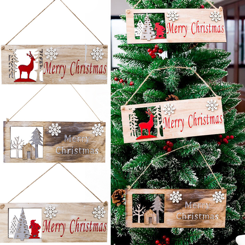 

Christmas Square Wooden Door Hanging Wooden Christmas Tree Pendant Elk Wood Plate Hollow Door Hanging Ornaments Decor June27