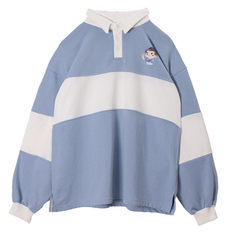 

Loose Polo Women Shirt Spring Casual Lapel Print Tops Female Blue Green Stripe Long Sleeve Shirts Schoolgirl Harajuk Polo Shirt, White