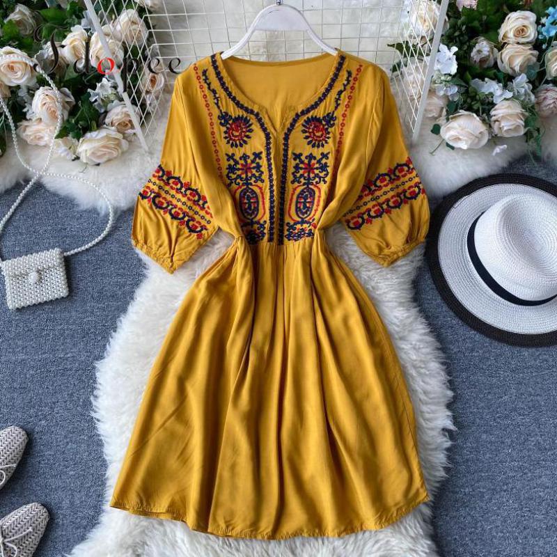 

Free Shipping Elegant Dress Embroidered Close Waist Swing Holiday Beach Vestidos Closed Waist Three Quarter Sleeve Women Dress, Blue