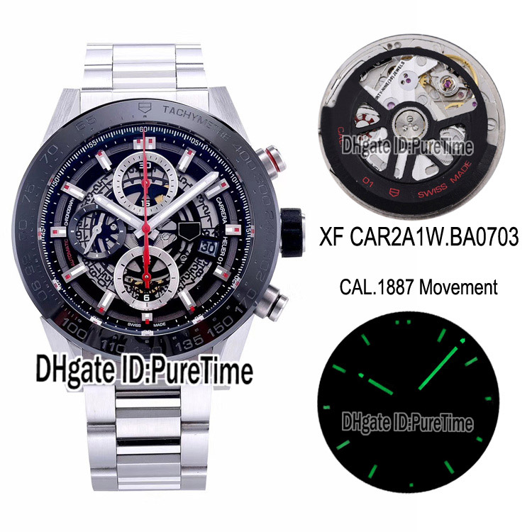 

XF CAL 1887 Automatic Chronograph Mens Watch Black Ceramic Bezel Skeleton Dial Red Hand Stainless Steel Bracelet Best Edition Puretime A01, Customized waterproof service