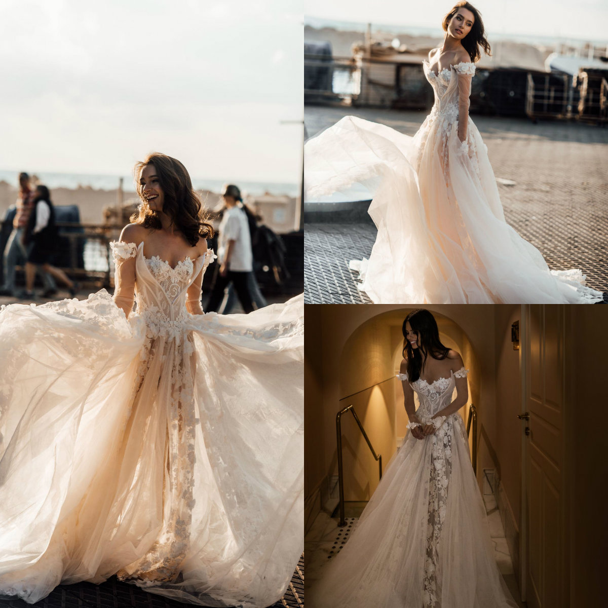 

2020 Bohemian Wedding Dresses Off The Shoulder Lace Appliqued A Line Boho Wedding Dress Sweep Train Customized Champagne Beach Bridal Gowns, Water melon