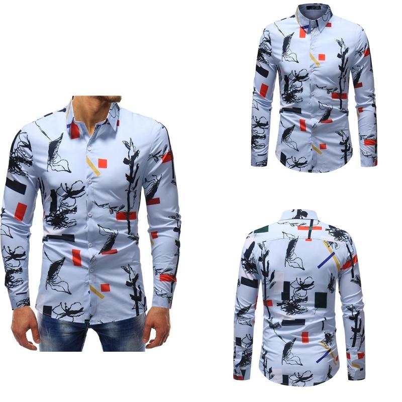 

Men Shirt Printed Long Sleeve Turn-down Collar Single Breasted Four Seasons Casual Shirts, Blue