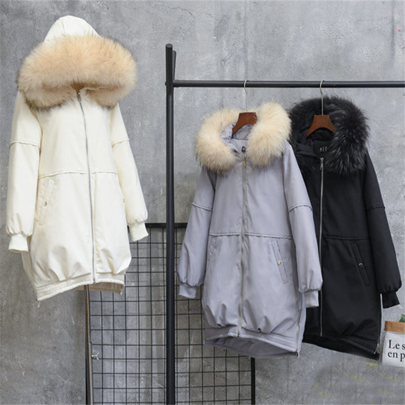

Autumn Winter Women Hooded Down Jacket Warm Thick White Duck Down Coat Padded Female Long Big Fur Collar Parka Plus Size AB1570, Beige