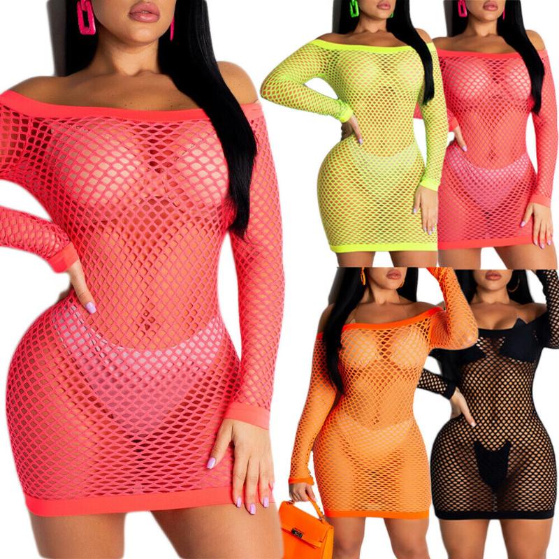 

Hirigin Sexy Fishnet Beachdress Women BIkini Cover Up 2020 Off Shoulder Long Sleeve Swimwear Bodycon Dress Summer Bathing Suit