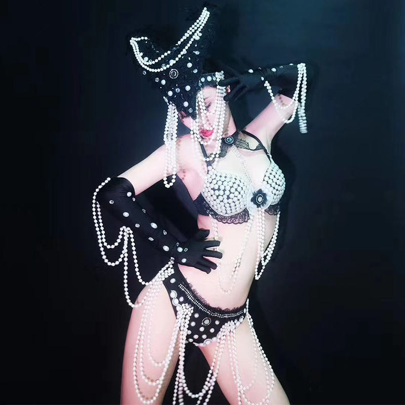 

Sexy Black Bikini Set Tassel White Pearl Headdress Women DJ DS Nightclub Bar Wear Pole Dance Clothing Festival Outfit DQS4615, As picture