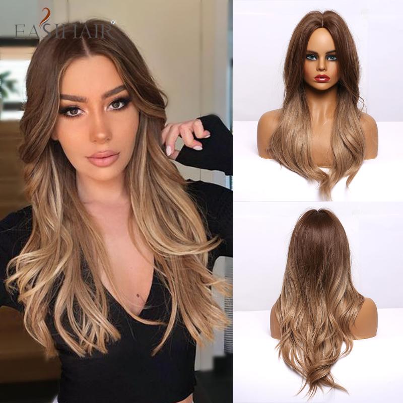 

EASIHAIR Ombre Dark Brown Light Brown Wave Long Synthetic Hair Wigs Middle Part Cosplay Heat Rrsistant Female Wigs for Women Afo, Lc294-1