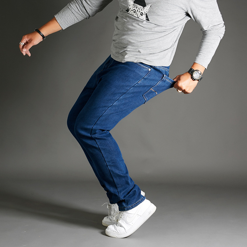 

new Inner gallbladder plus velvet Jeans Men Elastic Straight High Waist Male Fashion Full Length Casual Loose large size 30-48, Plus velvet blue
