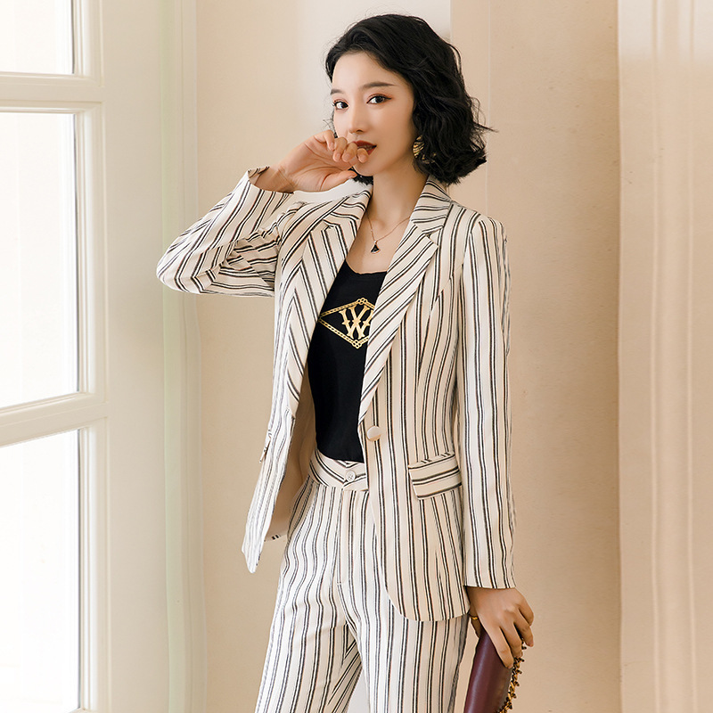 

2020 new professional pants suit feminine High quality striped women' blazer Elegant career interview clothing female overalls