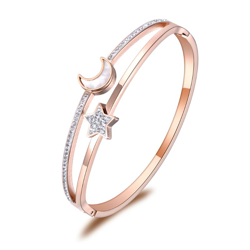 

Bangle Mosaic Rhinestone Shell Lovers Moon Star Stainless Steel Bracelet Jewelry Rose Gold Viking B19001