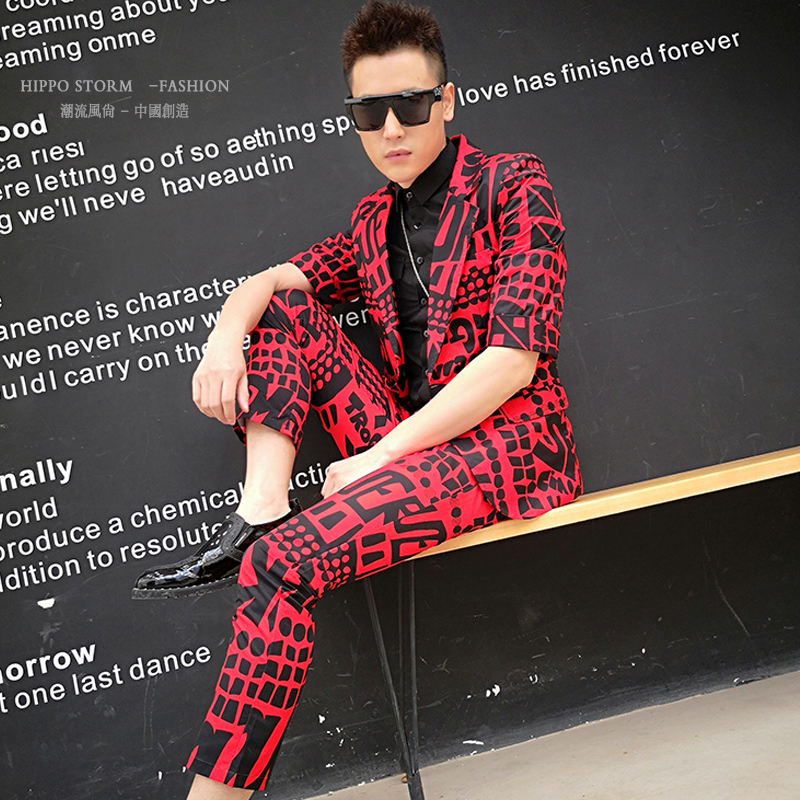 

Red Letter 2pcs Slim Fit (jacket+pant) Male Fashion Print Blazer Men Suit Set Stage Show Singer Dj Costume Homme, Scarlet letter