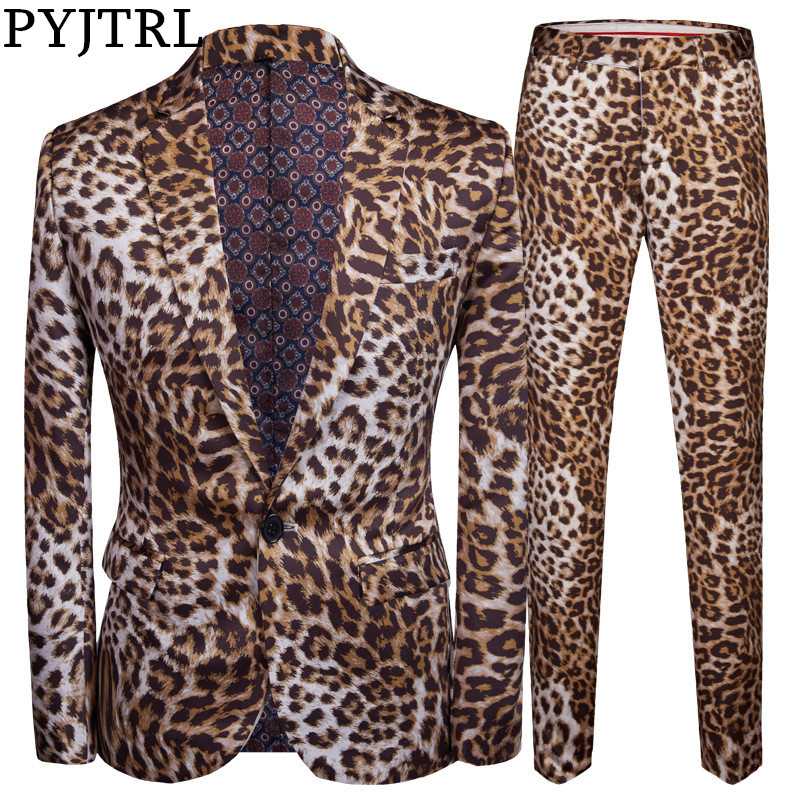 

PYJTRL Tide Men Plus Size DJ Night Club Leopard Print 2 Pieces Set Mens Suits With Pants Stage Singers Costume Casual Suit, Jacket and pants