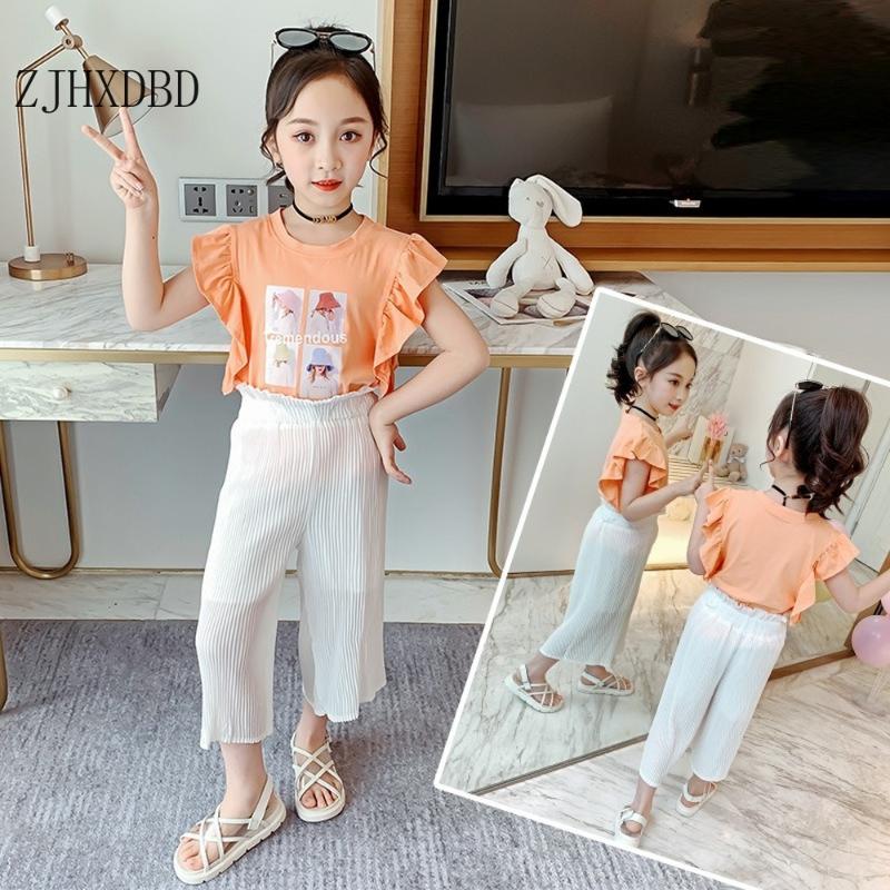 

Girls Orange Summer Suit 2020 Korean Butterfly Sleeve Children's Clothing Pressure Wrinkled Wide Leg Pants Two-piece Suit Sets