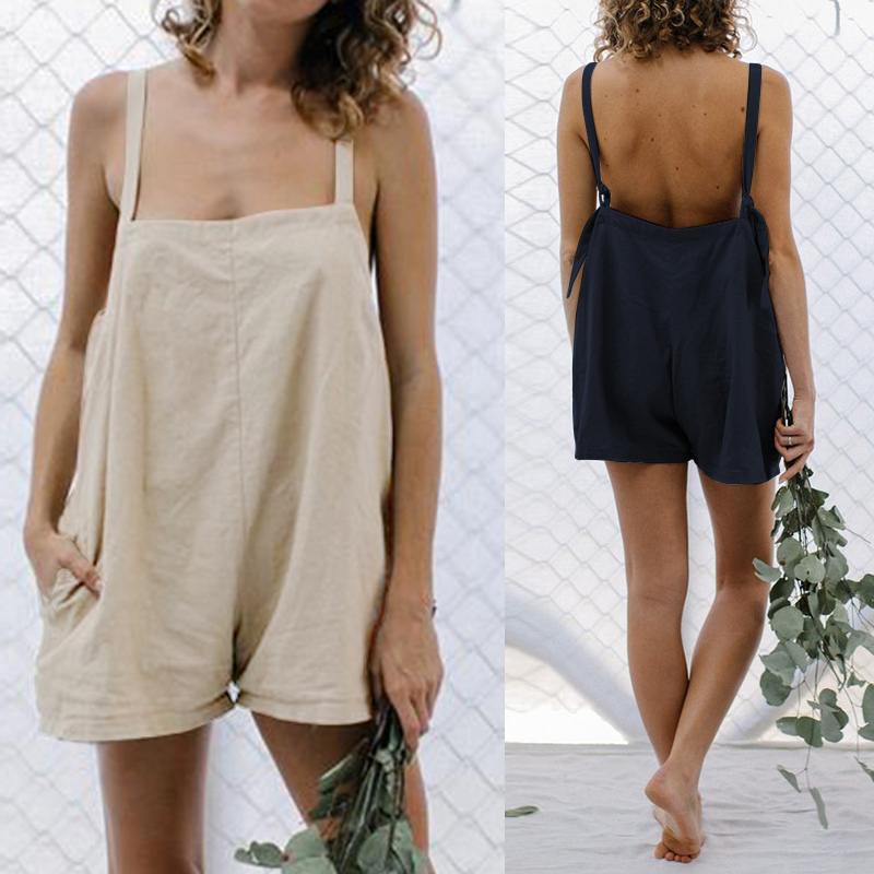 

Celmia 2020 Summer Rompers Women Sexy Short Jumpsuits Straps Backless Beach Playsuits Pockets Casual Loose Plus Size Overalls, Beige