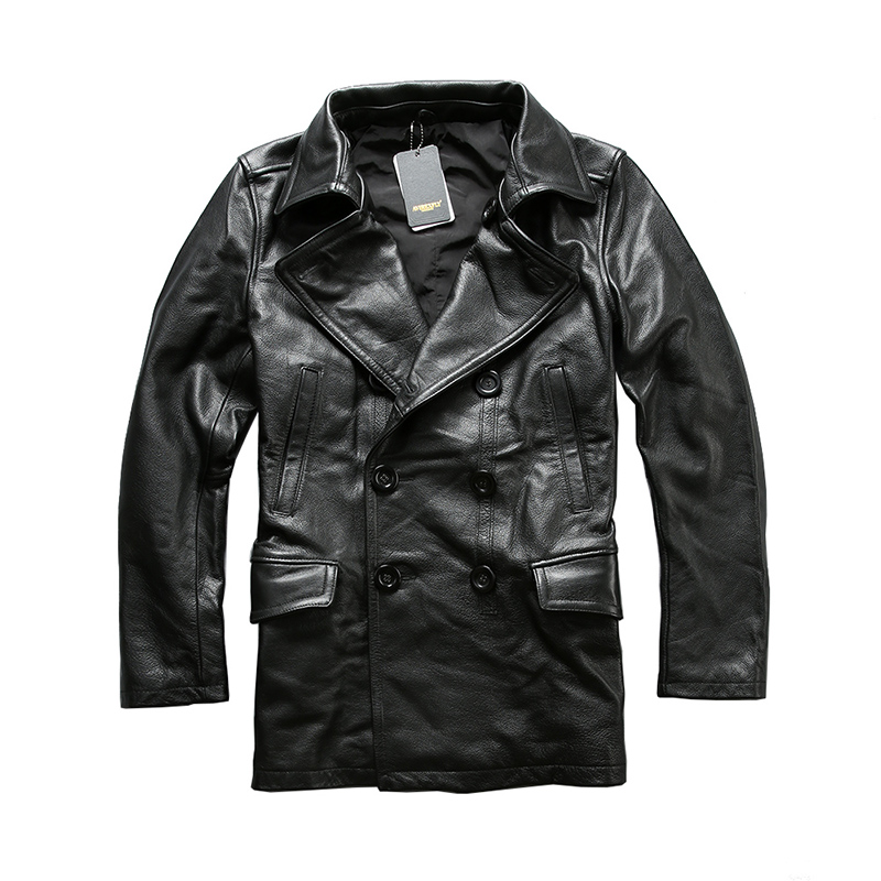 

Read Description! Asian size excellent cow leather winter jacket men's classic cowhide leather pea coat A1657, As pic
