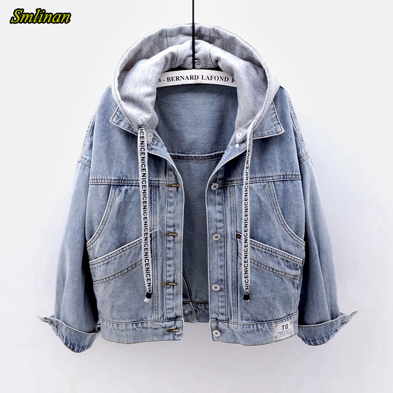 

Smlinan Spring Autumn Hooded Denim Jacket Women Fahion Single Breasted Pocket Plus Size Vintage Streetwear Jeans Coat Female, Blue