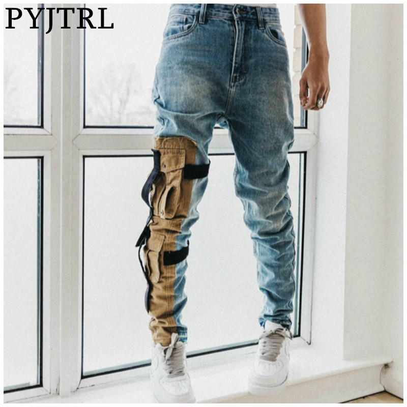 

PYJTRL Men Washed Pocket Made Fashionable Slim Pants Biker Jeans Pockets Styling Hip Hop Streetwear Pantalon Hombre, Washed blue