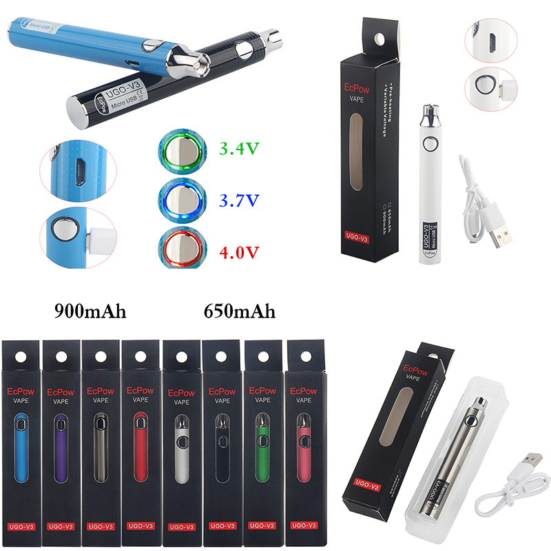 

UGO V3 Preheating Vape Pen Battery Vape Kits Preheat 900mAh 650mAh VV Voltage Variable for 510 Thread Vape Cartridges with Micro USB Charger
