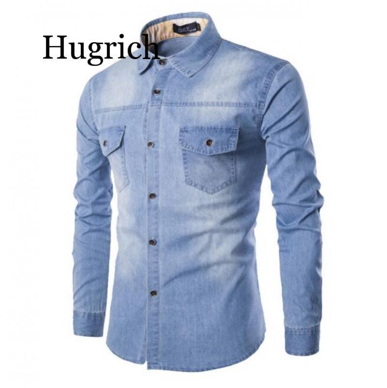 

Fashion Mens Denim Shirt Long Sleeve Plus Size Cotton Jeans Cardigan Casual Slim Fit Shirts Men Two-pocket Tops Clothing -6XL, Black