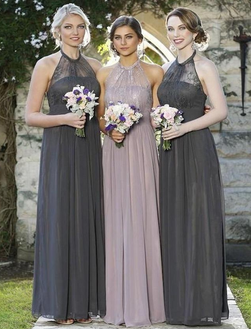

Custom Made Dark Gray Chiffon Long Bridesmaid Dresses Beach Garden Romantic Lace Wedding Guest Dresses Halter Maid of Honor Gowns