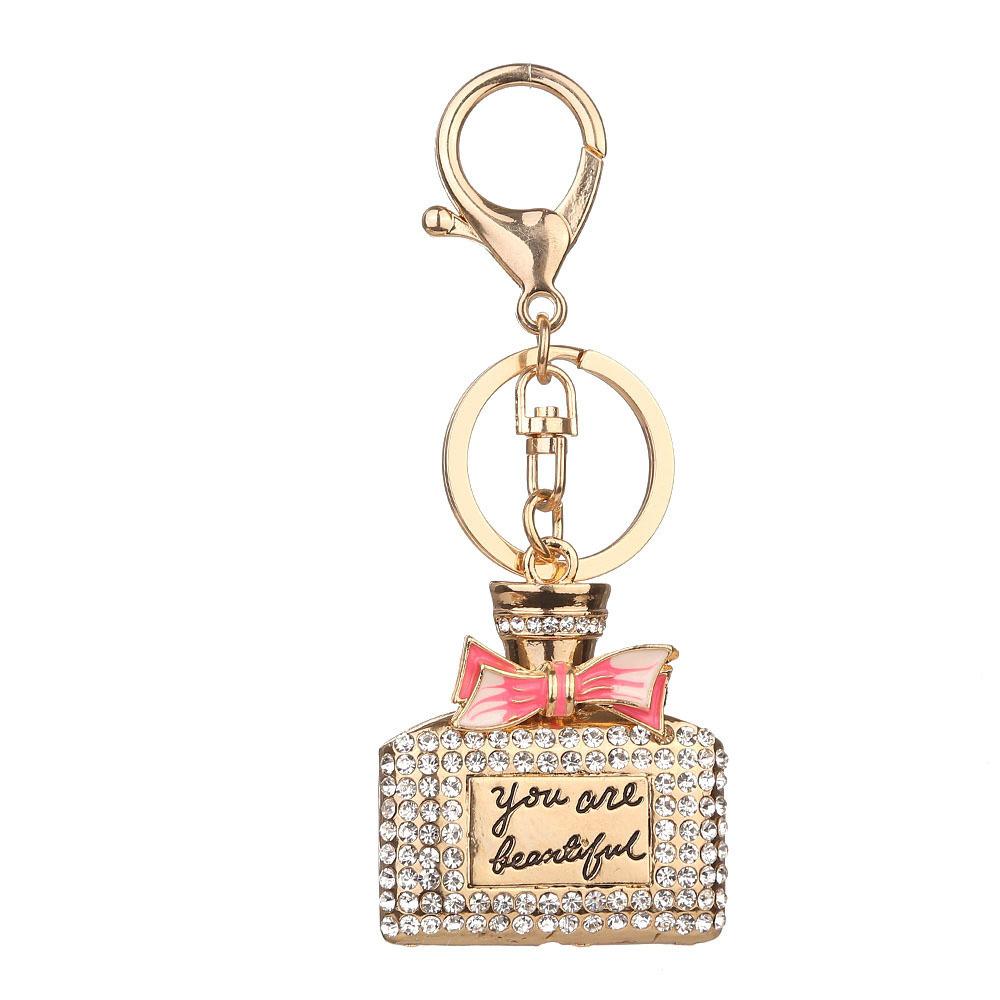 

2019 New Metal Crystal Perfume bottles Keychain Crystal Rhinestone Bowknot You Are Beautiful Key Ring Gift Bag Pendant