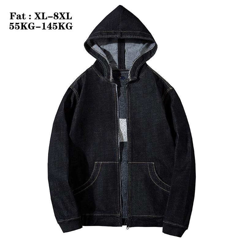 

Big Size 5xl 8xl Spring Winter Mens Denim Jacket Fashion Hooded Loose Designer Streetwear Hip Hop Jean Coat Black Fat Jackets