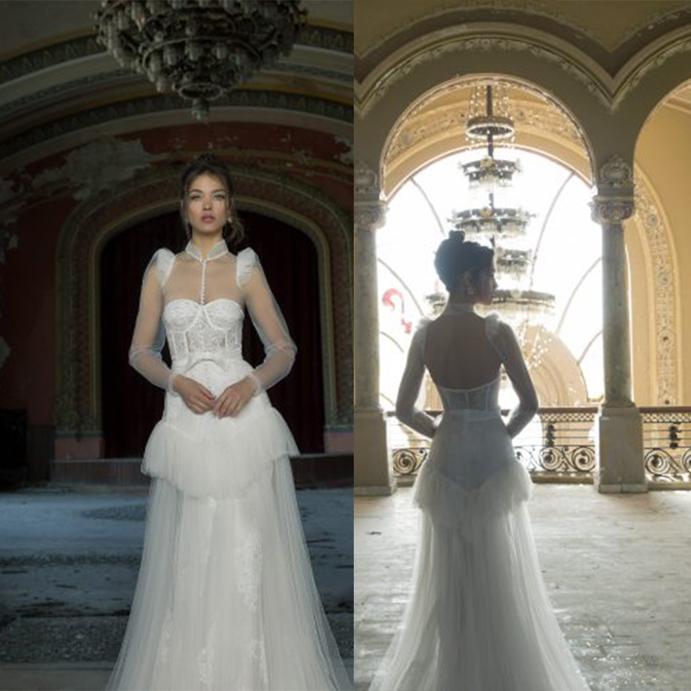 

Cheap Bohemian Julie vino Wedding Dresses A Line High Neck Long Sleeve Princess Gown Floor Length Tulle Lace Tiers Applique Bridal Gowns, Royal blue