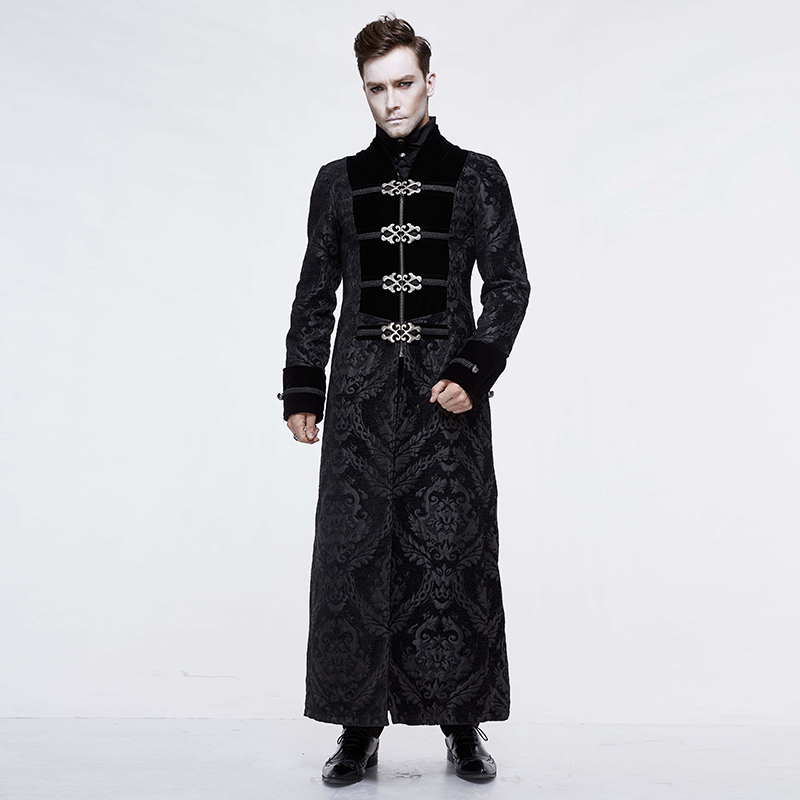 

Gothic Punk Winter Jacket Men Black Long Coat Metal Buckles Vintage V Neck Jacquard Weave
