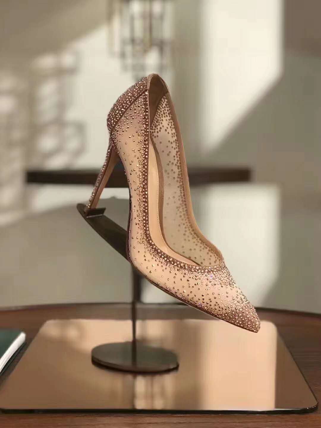

Real Photos Gianvito Rossi Wedding Rania Crystal-embellished Mesh Pumps Medium Pink Blush Suede Slip-on Pointed Toe 100mm High Heel Shoes, As pic