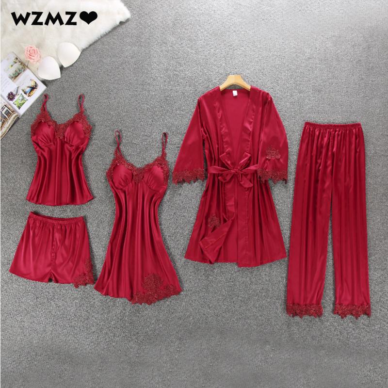 

5pcs Women's Pajamas Set Sexy Lace Spaghetti Strap Nightdress With Chest Pads Princess Robe Sets Spring Summer Autumn Homewear