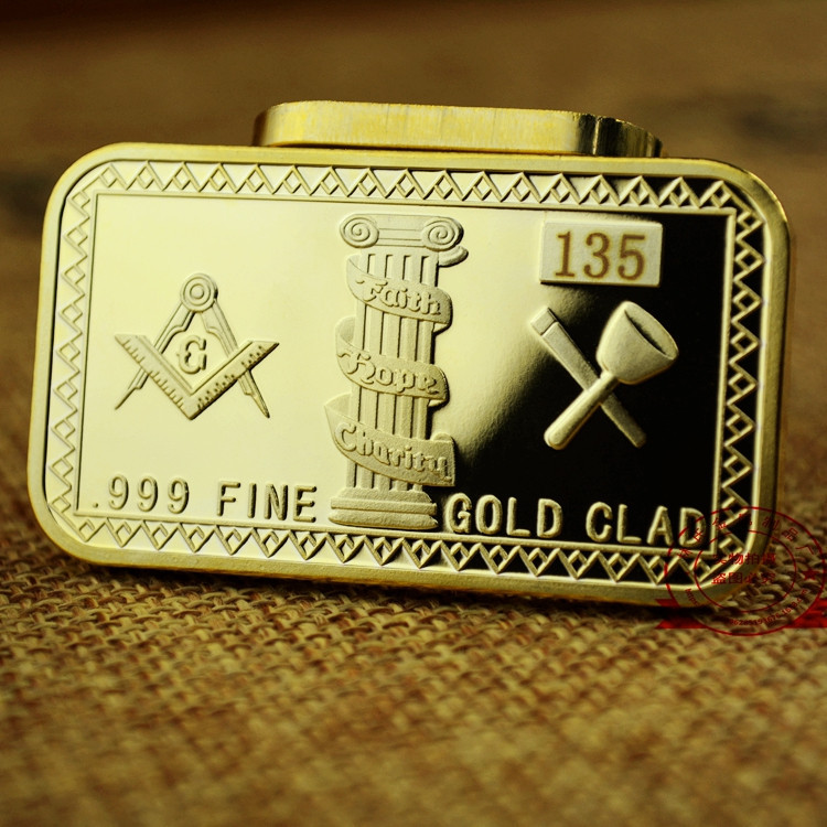 

Free Shipping 10pcs/lot, Freemasons Masonic Challenge Coin Golden Bar 999 Fine Gold Clad 3D Design With Case Cover