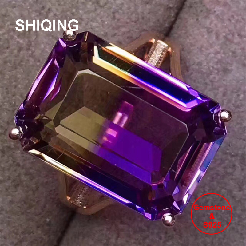 

SHIQING Nature Ametrine gemstone ring, 925 sterling silver women ring, engagement ring CJ191210